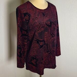 White Stag Red & Black  Paisley Print Velvet Top with Red Sequins, Size Large